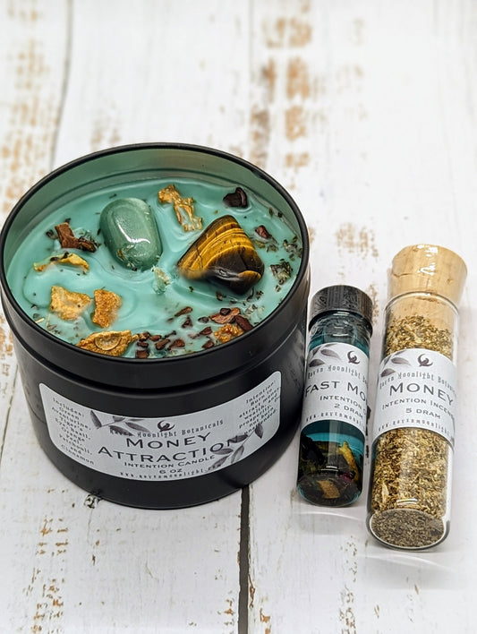 Money Attraction Kit with soy candle, mony incense, and fast money oil